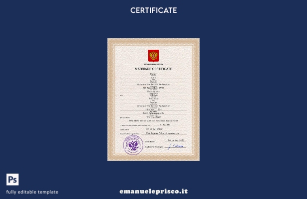 Modello PSD di certificato di matrimonio russo in stile verificato, modello comp